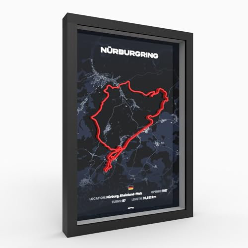 Nürburgring® 3D Poster im Holzrahmen I Hochwertiger 3D Druck I Racetrack I Rennstrecken Poster I Geschenk für Mann oder Motorsportfans zu Weihnachten, Geburtstag I Geschenkidee Jahrestag