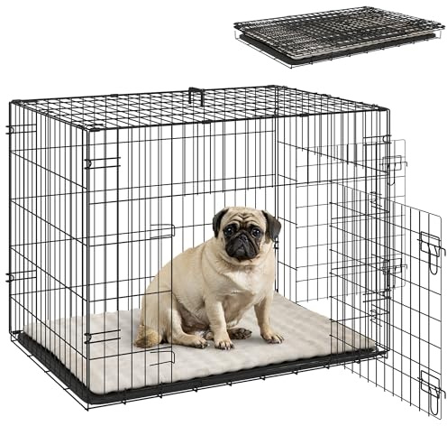 PawHut Heavy Duty Dog Crate for Small Dogs, 75 x 49 x 53 cm (30) Folding Metal Puppy Cage with Two Doors, Removable Easy Clean Tray, Soft Cushion, Carry Handle, for Puppies, Black