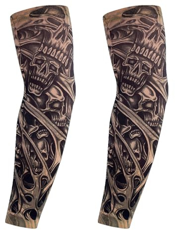 2 manicotti per tatuaggi da uomo, in nylon, con tatuaggi temporanei, motivo teschi, rockstar punk, con elastico da 38 cm, per cosplay, feste, motociclisti, per sport all'aria aperta