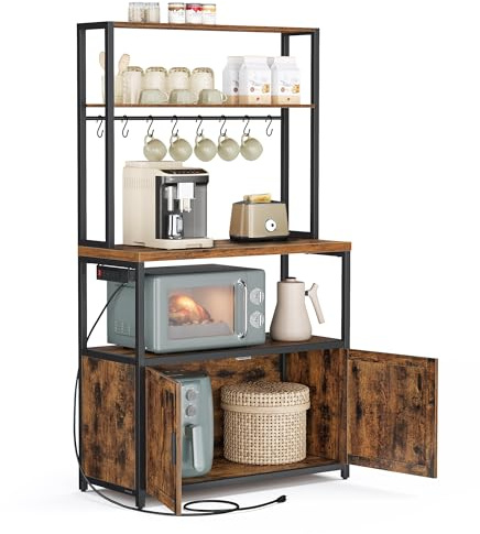 VASAGLE Kitchen Bakers Rack with Power Outlet, Coffee Bar with 35.4-Inch High Worktop, Microwave Stand with 8 Hooks, 15.7 x 31.5 x 66.9 Inches, Rustic Brown and Ink Black UKKS059K01