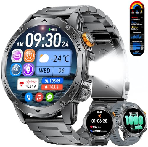 LIGE Smartwatch för män, 1 000 mAh batteri/LED-ficklampa, Bluetooth-samtal röstassistent, 100+ sportlägen, 1,75 tum utomhus Smartwatch för män för Android iOS, svart-grå