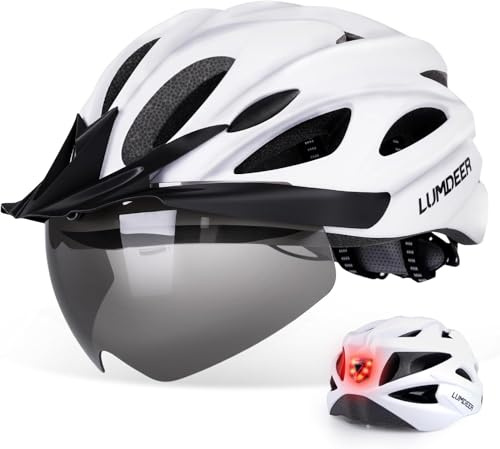 LUMDEER Adult Bike Helmet for Cycling & Commuting, Bicycle Helmet with Rear LED Light & Magnetic Goggles & Removable Sun Visor, Mountain and Road Bicycle Helmets for Men and Women 3 in 1