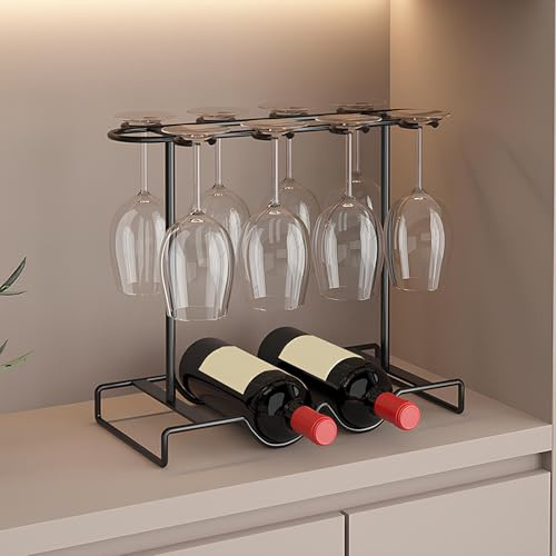 JCVCCV Portabicchieri da Vino Portabottiglie da Banco 2 Bottiglie di Vino E 8 Bicchieri Espositore Indipendente Ripiano Portaoggetti per Cucina E Bar(Nero)