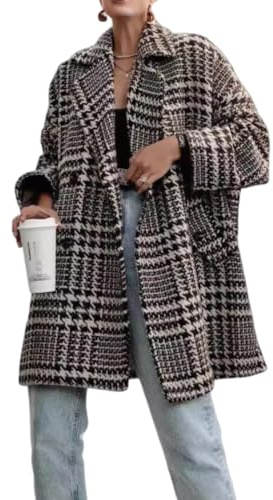 LIUYUYOUGO Manteau Femme Hiver Laine Manteau En Laine À Carreaux Pied De Poule Pour Femme Surdimensionné Revers Crantés Mi Long Croisé Style Caban Veste Blazer Pied De Poule Pardessus Ample Et C