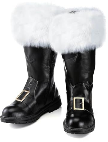 Bottes de Père Noël pour Hommes - Bottes de Neige avec Sangle à Boucle, Poignets en Fourrure Blanche Costumes de Père Noël et Fêtes d'Carnaval, Bottes Mi-Mollet Accessoires de Cosplay