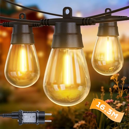 GlobaLink Guirnalda Luces Exterior, 16M/53ft Cadena de Luces 15+2 Vintage Edison S14 LED Bombillas IP65 Impermeable 8 Modos Guirnaldas Luminosas Decoración para Fiesta Navidad Jardín Terraza Patio