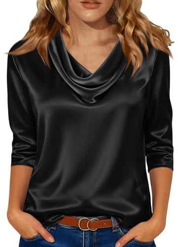 Blusas de satén para mujer, manga 3/4, de seda, con cuello drapeado, fruncido, cuello redondo, camisas informales para negocios, trabajo, oficina, Blusas de satén negro para mujer, L