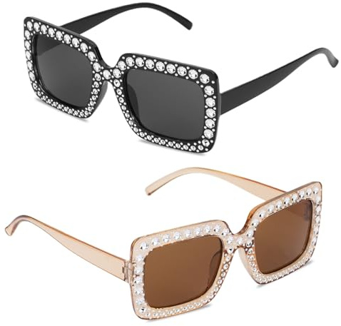 Lot de 2 paires de lunettes de soleil rétro pour homme et femme avec cadre épais, carrées, pailletées, avec strass, pour fête, bal de fin d'année, carnaval