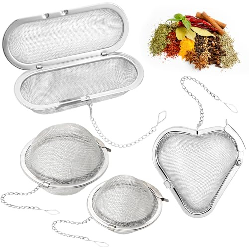 4 Stück Teesieb, Gewürzei, 304 Edelstahl Teaballs, Teesieb für Losen Tee und Mulling Gewürzei,4 Größe Feinmaschiger Tee Ei mit Kette Gewürzkugel Zum Mitkochen Spülmaschinenfest (Silber)