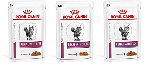 Royal Canin Feline Renal Mix of Tuna, Chicken, Beef Cat Food each 85g (Pack of 18)