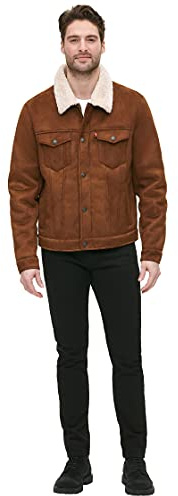 Levi's mens Sherpa Lined Trucker (Regular and Big Tall Sizes) Faux Leather Jacket, Brown Faux Shearling, Medium US