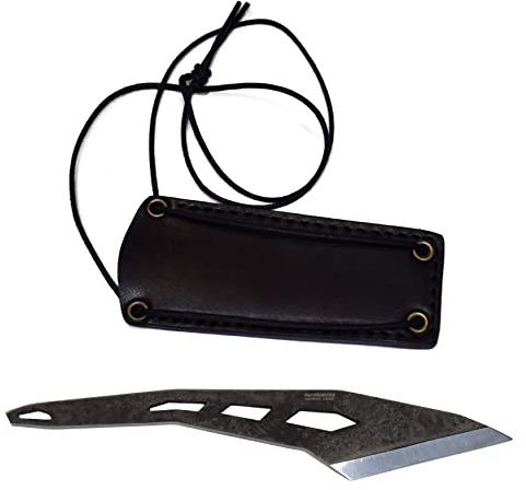 BPSKNIVES Kiridashi - Couteau à Lame Fixe Squelette avec Étui en Cuir Véritable de Cou à Lame Fixe pour l'Extérieur - Couteau de Camping en Acier au Carbone