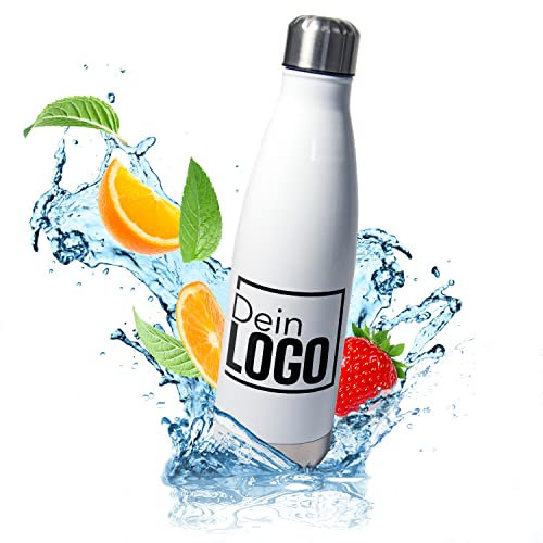 Edelstahl Trinkflasche personalisiert mit Logo – 500ml Thermoflasche Wasserflasche selbst gestalten | mit eigenem Logo bedrucken | Firmen Werbeartikel | Werbegeschenke | für Schule Universität Arbeit