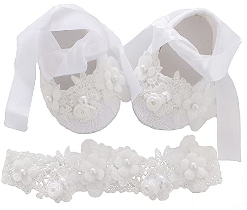 LilPinkGoose Baby Girls & Toddler White Lace Baptism Shoes and Headband Set 0-18M (White, 3 Months)