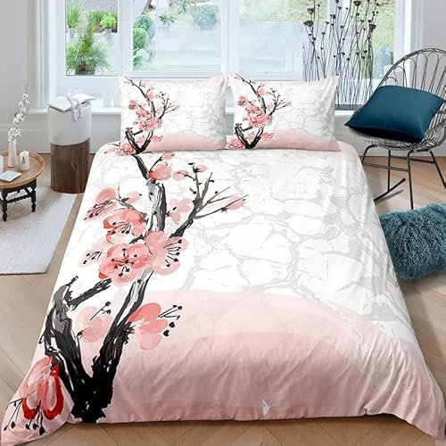 YELDAN Bettwäsche 140x200 Kirschblüten - japanisch Bettbezug 140 x 200 3er Set mit 2 Kissenbezüge 80x80 cm, Weich Mikrofaser Bettwäsche-Sets mit Reißverschluss