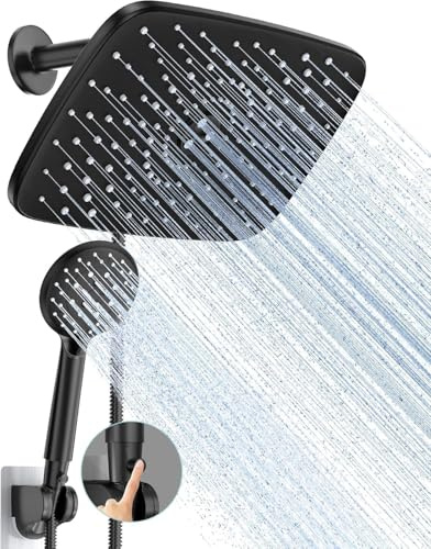 Veken 11.8 Inch Rain Shower Head with Handheld- High Pressure Dual Shower Heads with 5 Modes Handheld Spray Combo- Wide Rainfall Showerhead with Hose, Bathroom Accessories, Matte Black
