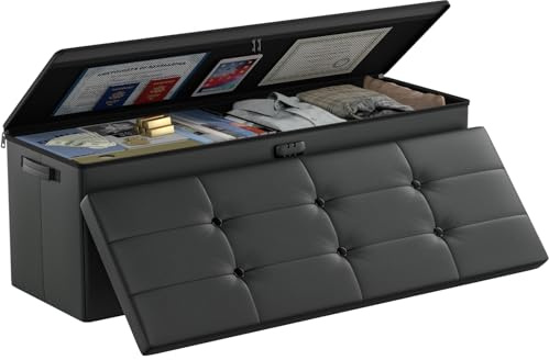 DocSafe Storage Ottoman Bench,Fireproof＆Waterproof Folding Bench with Lock(15”x 43”x15”),Leather Storage Chest with Handles＆2 Extra Boxes,Ottoman Safe for Bedroom,Living Room,Home Office,Black
