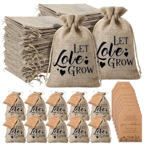 Fumete 100 Set Let Love Grow Seed Packets Wedding Favors for Guests Bulk with Thank You Cards Organizer Burlap Bag and Twine for Bridal Shower Souvenirs Seed Packets Party Gift, No Seeds (Rustic)