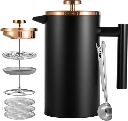 Worbic Cafetiere French Press Kaffeemaschine, 1000ml/963.9 g doppelwandig isolierter Edelstahl, 3-stufiges Filtersystem, Französische Presse für Zuhause, Camping und Büro, Schwarz