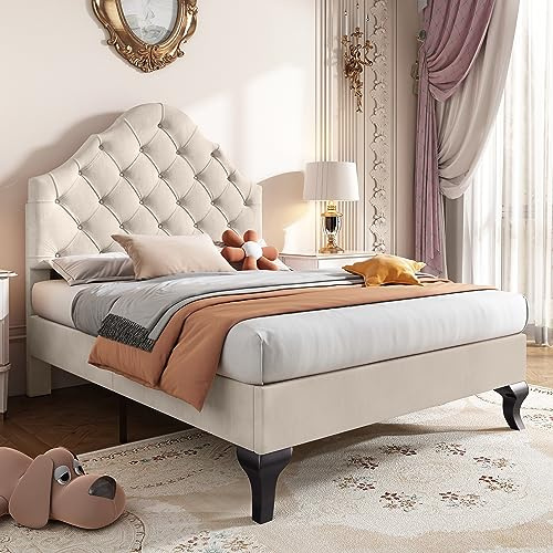 Merax Single bed frame, 3ft Double Upholstered Bed, Adjustable Chic Headboard, Sturdy Wooden Slat Support, Velvet Fabric (No Mattress), Beige+Velvet/90CM*190CM