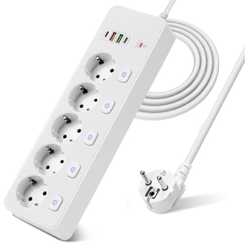 KBIBCK Multiprise avec Interrupteur, Prise Multiple, Multiprise Electrique avec 5 Prises et 2 Port Type-C et 2 Ports USB, Bloc Multiprises, Individuel Fiche Plate 2M Rallonge Cordon (Blanc)