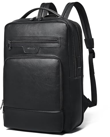 Shrrie Mochila de cuero para laptop para mujer y hombre, mochila de ordenador portátil de 16 pulgadas, mochila de viaje con puerto USB expandible de 28 L para trabajo y negocios, Negro Bicolor