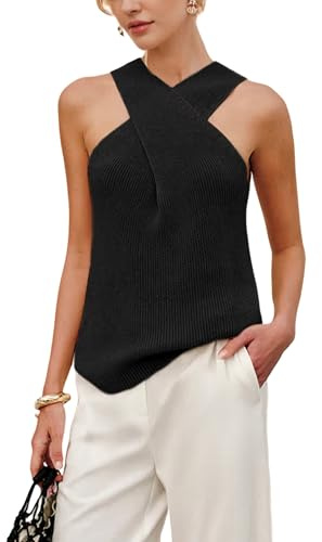 Yeokou Women Halter Cross Over Collar Tank Knit Sleeveless Top Solid Color Casual Summer Blouse(Black-M)