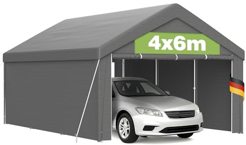 Carport 4x6m mit PE Plane, wasserdicht, UV-beständig, stabilem Metallrahmen, Bodenrahmen, Dachverstärkung, abnehmbare Seitenwände – Unterstand für Auto, Boot, Lagerung von Waren, Schuppen – Grau