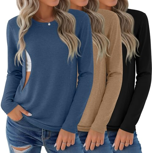 Sweetyweee 3 Pack Nursing Tops for Breastfeeding Maternity Shirts Zipper Long Sleeve Round Neck Knit Casual Nursing Clothes(Gray Blue, Khaki, Black,Large)