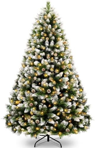 KOIUEYW 180cm Árbol de Navidad con Nieve y 300 LED, Árbol de Navidad Artificial como Real, con Nieve y Puntas de PVC para Casa, Tiendas, Oficinas