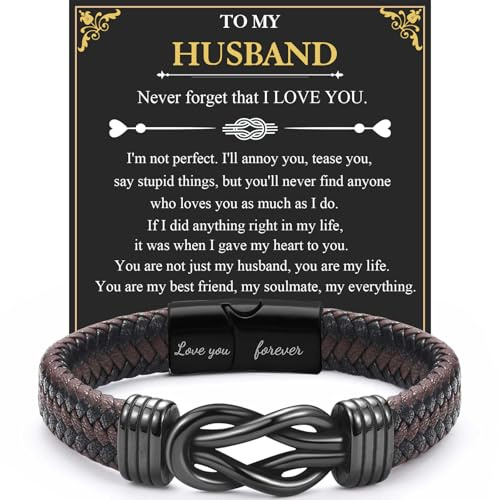 JJBAOER To My Husband Infinity Knot Leather Bracelet With Black Gift Box, Engraved Love You Forever Wristband, Birthday Valentine Wedding Gift for Husband from Wife, Ideal Anniversary Present