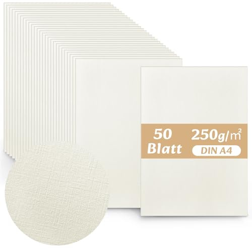 Faccito 50 Hojas de Cartulina Texturizada Blanco Marfil Tamaño DIN A4 21 x 29,7 Cm, 250g, con Relieve de Lino Cartulina Imprimible Ideal para Tarjetas Visita, Invitaciones Boda Tarjetas Cumpleaños