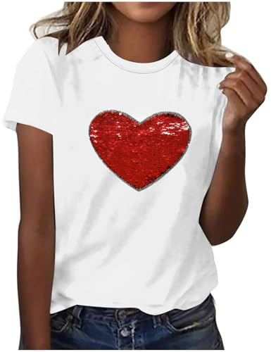 Camiseta de lentejuelas para mujer, adolescente, niña, diseño de corazón brillante, camiseta de manga corta, cuello redondo, camisetas de verano, blusa para el día de San Valentín, cumpleaños, fiesta