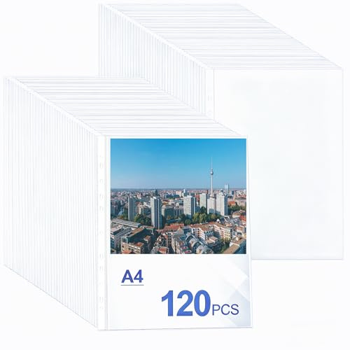 120 Pcs Funda de Anillas Din A4 Transparente 0.16mm, 11 Agujeros, Fundas Perforadas Folio para Organización de Documentos para Carpetas de 2/3/4 Anillas, de Plástico PP, para Oficina Estudio Archivo