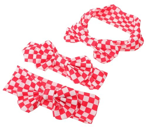 BAZEITFLOW 3 Pezzi Fasce per Neonate con Fiocco Elastico Rosso Bianco Quadretti Accessori Morbidi per Capelli Mesi per Feste Uso Quotidiano e Foto Ricordo