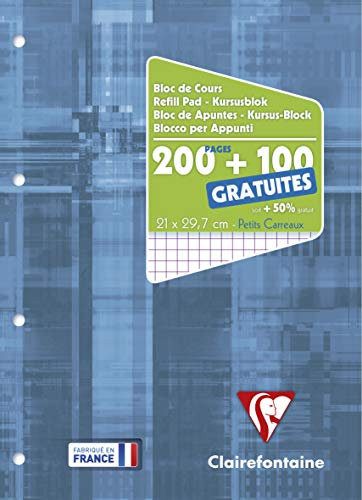 Clairefontaine 65816C Un Bloc de Cours Encollé Perforé Bleu Électrique - A4 21x29,7cm - 300 Pages (200+100 gratuites) Petits Carreaux et Perforé 4 Trous - Papier Blanc 90g Couverture Carte Pelliculée