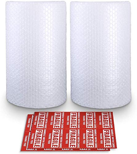 Bubble Cushioning Wrap Roll 2 Pack 3/16 Air Bubble 12 Inch x 74 Feet Total, Perforated Every 12 Inch with 20pcs Fragile Stickers Packing Supplies for Heavy-Duty Moving Shipping