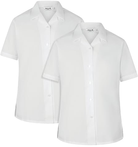 ZECO (2 Pack) Girls Short Sleeve Revere Collar School Blouses (4-16+ Years) White