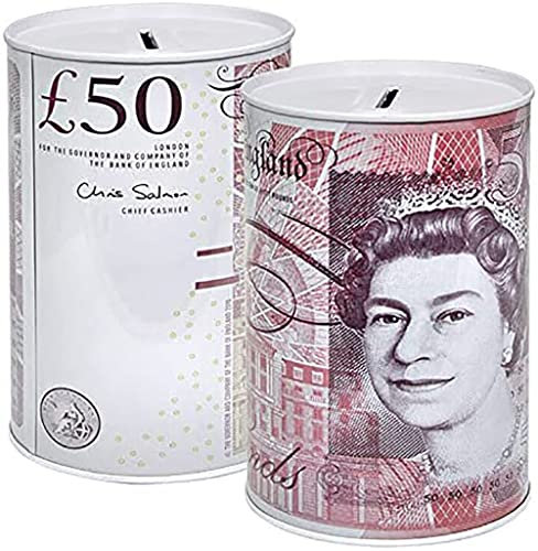 KAV Sterling Piggy Bank - Coin and Cash Savings Tin, Money Box for Birthday, Holiday and Christmas Fund - Cylindrical, Multicolour (15 cm x 10 cm) (Set of 2 £50)