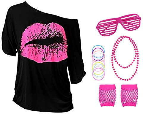Aomig 80er 90er Jahre Outfit Damen, 5PCS 80er Faschingskostüme Damen mit T-Shirt Stirnband Ohrring Halskette Brille, 80er Jahre Outfit Damen Setfür Frauen Kleidung Neon Party Karneval (XL)