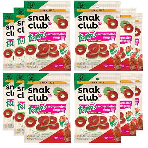 Snak Club Tajin Anillos de sandía, bocadillos de gomitas de chile y lima, sabor suave en calor, aperitivo sin gluten, 2.25 onzas, (paquete de 12)