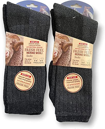 ZRWASKA 2 Pairs Men's Merino Wool Warm Thermal Socks Winter Outdoor Walking & Indoor Gray Charcoal Thick Hiking Sock Men Size UK 6-11