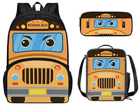 DISNIMO Set di zaini scolastici Borse per il pranzo Astuccio per matite alla moda Bookbags 3 Pcs Set per bambini ragazzi ragazze, Cartoon Bus 2, medium