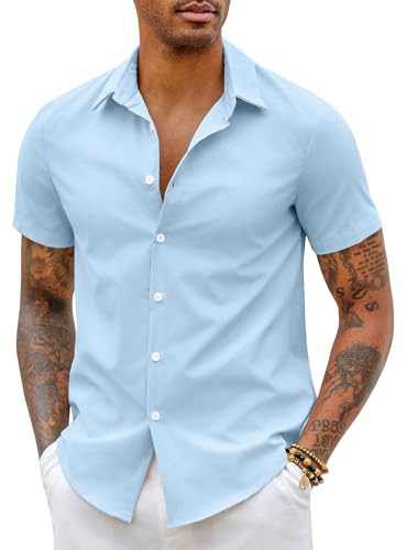 COOFANDY Camisa Hombre Manga Corta Ligero Formal Verano Camisas Vestir Trabajo Adultos Básica con Botones Boda Playa Sólido Camisas Shirts Azul L