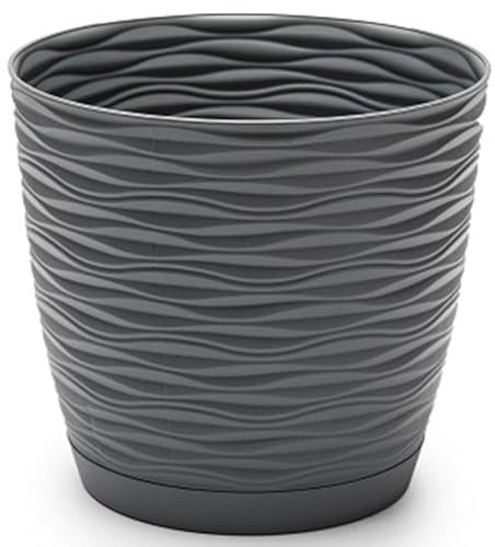Tradineur - Maceta redonda de plástico con plato integrado, tiesto, macetero de polipropileno, recipiente para plantas, flores, balcón, terraza, hogar, fabricada en España (Wind, Antracita, 19 cm)