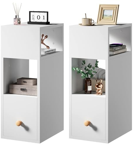IBUYKE Juego de 2 Mesita de Noche Estrecha, Mesilla de Noche Pequeñas con 2 Compartimentos y 1 Cajón, 20x29x55 cm, Mesa Auxiliar para Dormitorio, Salón, Blanco WNS006W-2
