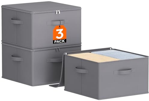 Lifewit 40L Aufbewahrungsbox mit Deckel, 3er-Pack, Faltbare Aufbewahrungsboxen aus Vliesstoff mit Griff, Faltbox, Kleideraufbewahrung, 40 x 40 x 25 cm, Grau