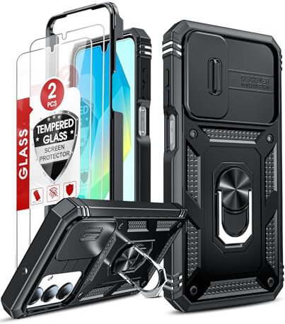 LeYi for Samsung Galaxy A16 5G/4G Case with Camera Cover Slider, 360 Full Body Armour Protective Tough Cover| 2 Tempered Glass Screen Protector| Ring Stand Holder for Galaxy A16 5G Phone Case Black