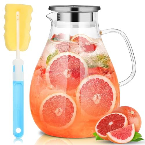 SUSTEAS 3.0 Litre 101oz Glass Jug with Lid, Water Jug for Hot/Cold Water, Iced Tea Wine Coffee Milk and Juice Drink Pitcher, 3.17Quart Glass Water jug for Fridge, 1 Long-Handled Brush Included