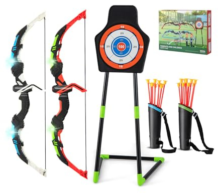 GOPLUS Juego de Arcos y Flechas para Niños, Set de Tiro con Arco LED con 20 Flechas con Ventosa, 2 Carcajs, Diana Desmontable, Set de Tiro al Aire Libre para Niños de 3 a 12 Años
